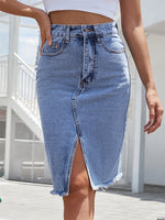 Front Slit Blue Denim Skirt Pocket High Waist Zipper Fly Midi Skirt-Denim Skirts-Arimonz-Arimonz