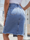 Front Slit Blue Denim Skirt Pocket High Waist Zipper Fly Midi Skirt-Denim Skirts-Arimonz-Arimonz