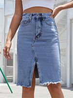Front Slit Blue Denim Skirt Pocket High Waist Zipper Fly Midi Skirt-Denim Skirts-Arimonz-Arimonz