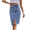 Front Slit Blue Denim Skirt Pocket High Waist Zipper Fly Midi Skirt-Denim Skirts-Arimonz-Arimonz