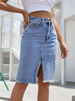 Front Slit Blue Denim Skirt Pocket High Waist Zipper Fly Midi Skirt-Denim Skirts-Arimonz-Arimonz