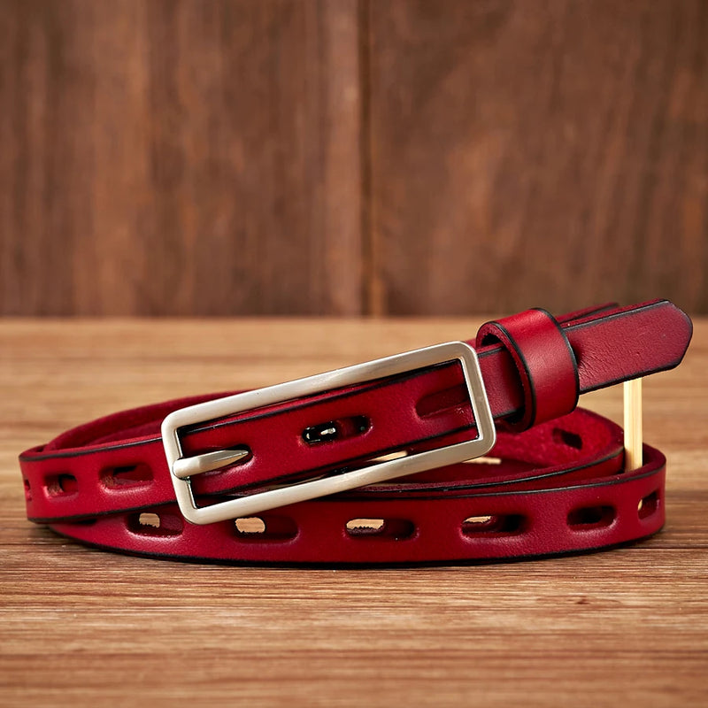 Genuine Leather Knot Thin Belt Cowskin Strap with Pin Buckle Belt-Belts-Arimonz-Red-95cm/37in-Arimonz