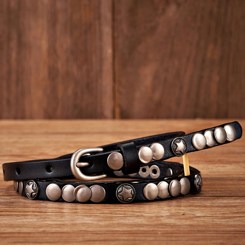 Genuine Leather Rivet Belt Thin Punk Decorative Strap Belt for Jeans-Belts-Arimonz-Arimonz