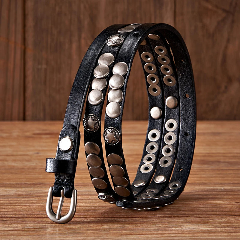 Genuine Leather Rivet Belt Thin Punk Decorative Strap Belt for Jeans-Belts-Arimonz-Black-95cm/37in-Arimonz