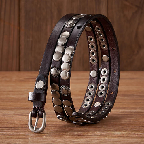 Genuine Leather Rivet Belt Thin Punk Decorative Strap Belt for Jeans-Belts-Arimonz-Coffee-95cm/37in-Arimonz