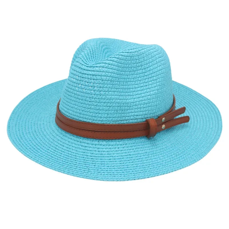 Grass Knitted Straw Panama Sun Hat Breathable Leisure Jazz Hat-Summer Hats-Arimonz-Lake Blue-Arimonz