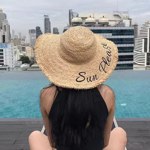 Hand Woven Raffia Embroidered Letter Sun Beach Hat Brim Straw Hat-Summer Hats-Arimonz-Arimonz