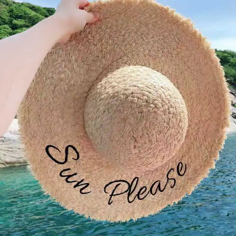 Hand Woven Raffia Embroidered Letter Sun Beach Hat Brim Straw Hat-Summer Hats-Arimonz-Arimonz