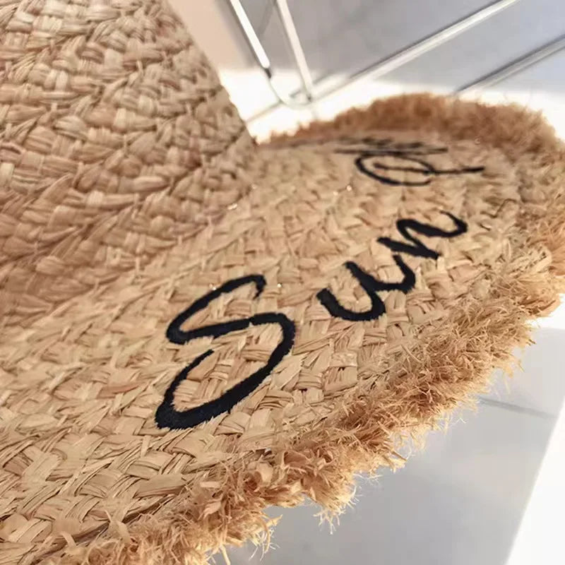 Hand Woven Raffia Embroidered Letter Sun Beach Hat Brim Straw Hat-Summer Hats-Arimonz-Arimonz