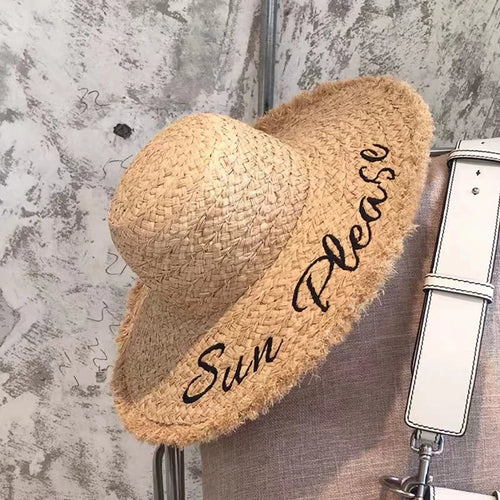 Hand Woven Raffia Embroidered Letter Sun Beach Hat Brim Straw Hat-Summer Hats-Arimonz-Arimonz