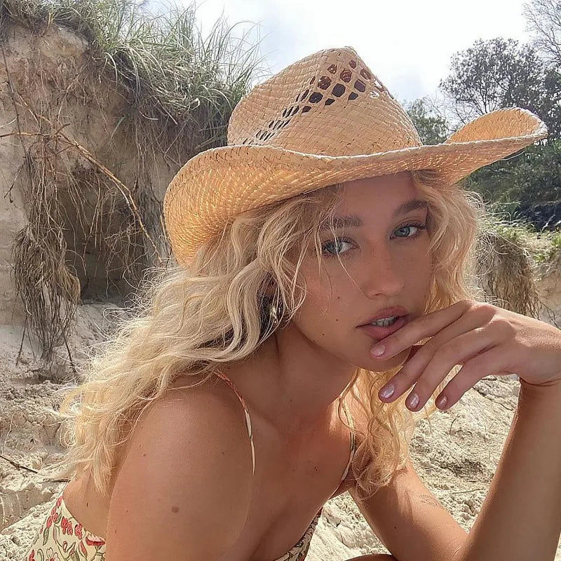 Hand Woven Raffia Hat Women Summer Western Cowboy Straw Brim Sun Hat-Summer Hats-Arimonz-Arimonz