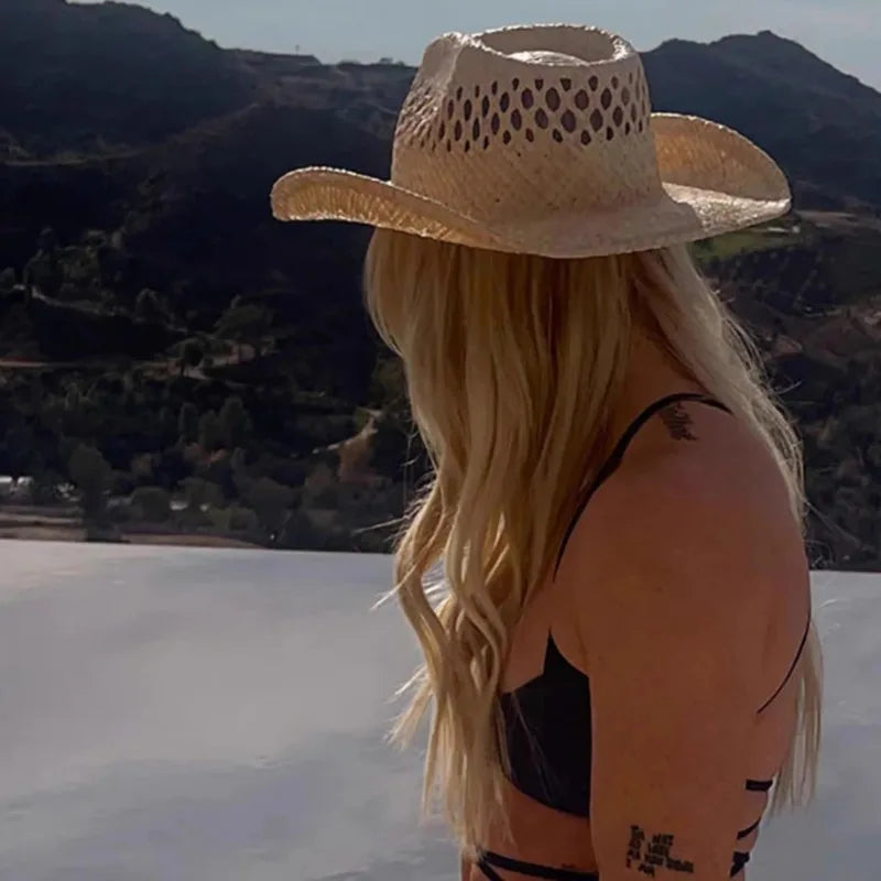 Hand Woven Raffia Hat Women Summer Western Cowboy Straw Brim Sun Hat-Summer Hats-Arimonz-Arimonz