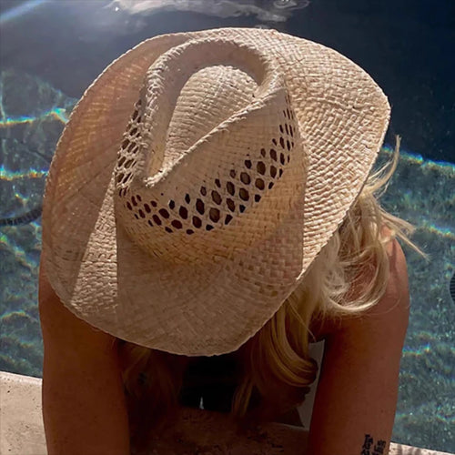 Hand Woven Raffia Hat Women Summer Western Cowboy Straw Brim Sun Hat-Summer Hats-Arimonz-like picture-55-58cm/22"-Arimonz
