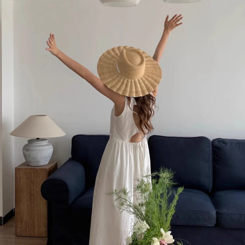 Handmade Straw Jazz Scallop Sun Summer Hat Big Brim Beach Straw Hat-Summer Hats-Arimonz-Arimonz
