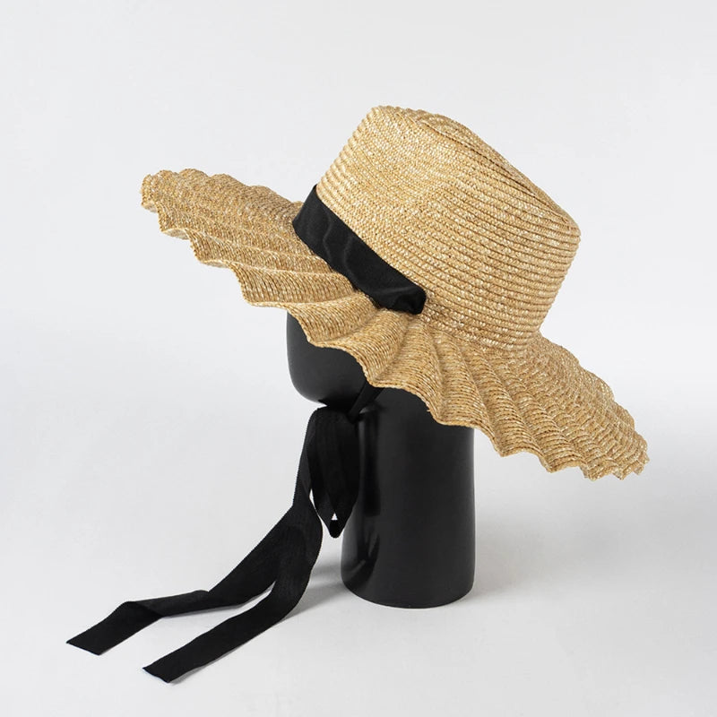 Handmade Straw Jazz Scallop Sun Summer Hat Big Brim Beach Straw Hat-Summer Hats-Arimonz-Arimonz