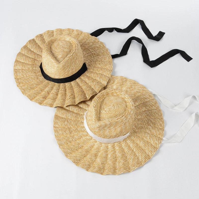 Handmade Straw Jazz Scallop Sun Summer Hat Big Brim Beach Straw Hat-Summer Hats-Arimonz-Arimonz