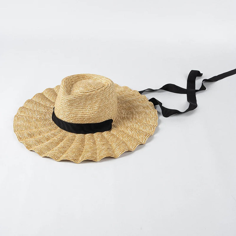 Handmade Straw Jazz Scallop Sun Summer Hat Big Brim Beach Straw Hat-Summer Hats-Arimonz-Black strap-M 56-58cm/22"-Arimonz