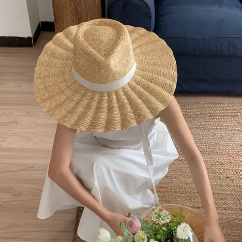 Handmade Straw Jazz Scallop Sun Summer Hat Big Brim Beach Straw Hat-Summer Hats-Arimonz-Arimonz