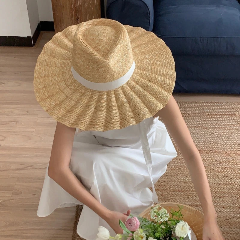 Handmade Straw Jazz Scallop Sun Summer Hat Big Brim Beach Straw Hat-Summer Hats-Arimonz-Arimonz