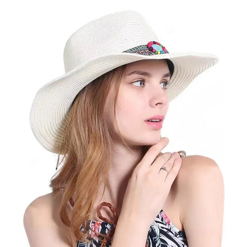 Handmade Straw Summer Sun Beach Hat Western Cowboy Style Hat-Summer Hats-Arimonz-Arimonz