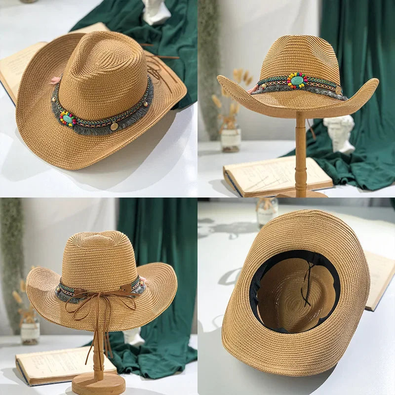Handmade Straw Summer Sun Beach Hat Western Cowboy Style Hat-Summer Hats-Arimonz-Arimonz