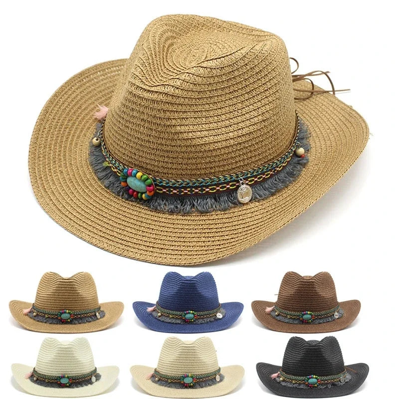 Handmade Straw Summer Sun Beach Hat Western Cowboy Style Hat-Summer Hats-Arimonz-Arimonz