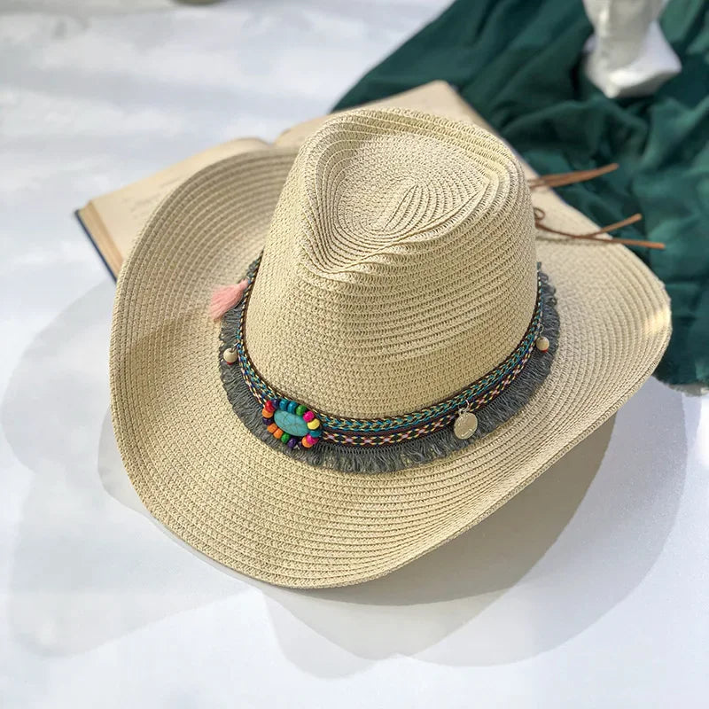 Handmade Straw Summer Sun Beach Hat Western Cowboy Style Hat-Summer Hats-Arimonz-Jazz beige-55-58cm/21-22inches Free Size-Arimonz