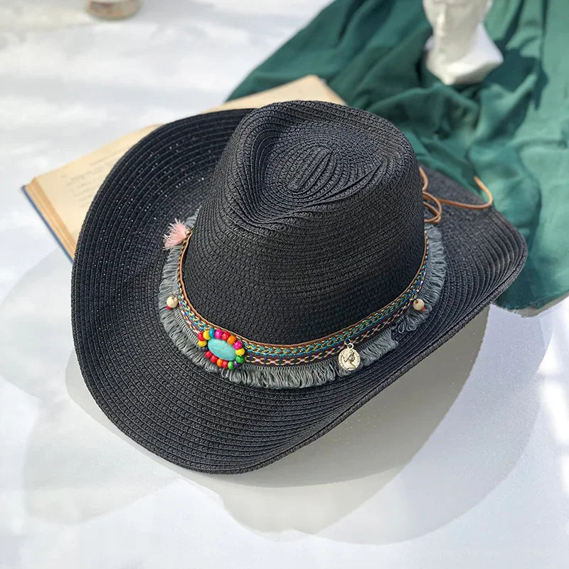 Handmade Straw Summer Sun Beach Hat Western Cowboy Style Hat-Summer Hats-Arimonz-Jazz black-55-58cm/21-22inches Free Size-Arimonz