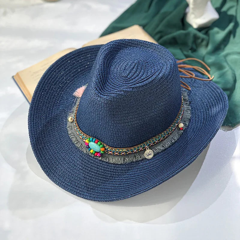 Handmade Straw Summer Sun Beach Hat Western Cowboy Style Hat-Summer Hats-Arimonz-Jazz dark blue-55-58cm/21-22inches Free Size-Arimonz