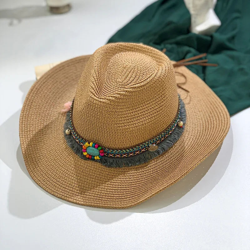 Handmade Straw Summer Sun Beach Hat Western Cowboy Style Hat-Summer Hats-Arimonz-Jazz Light Coffee-55-58cm/21-22inches Free Size-Arimonz