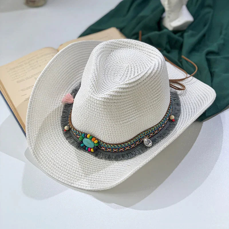 Handmade Straw Summer Sun Beach Hat Western Cowboy Style Hat-Summer Hats-Arimonz-Jazz white-55-58cm/21-22inches Free Size-Arimonz