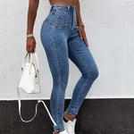 High-Waist Pearl Breasted Cargo Pants Skinny Jeans for Women-Skinny Jeans-Arimonz-Arimonz