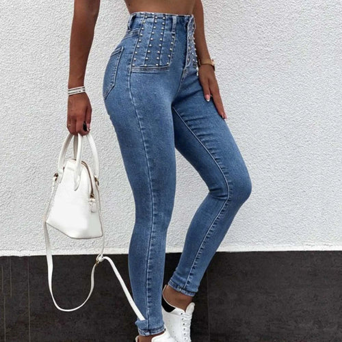 High-Waist Pearl Breasted Cargo Pants Skinny Jeans for Women-Skinny Jeans-Arimonz-Arimonz