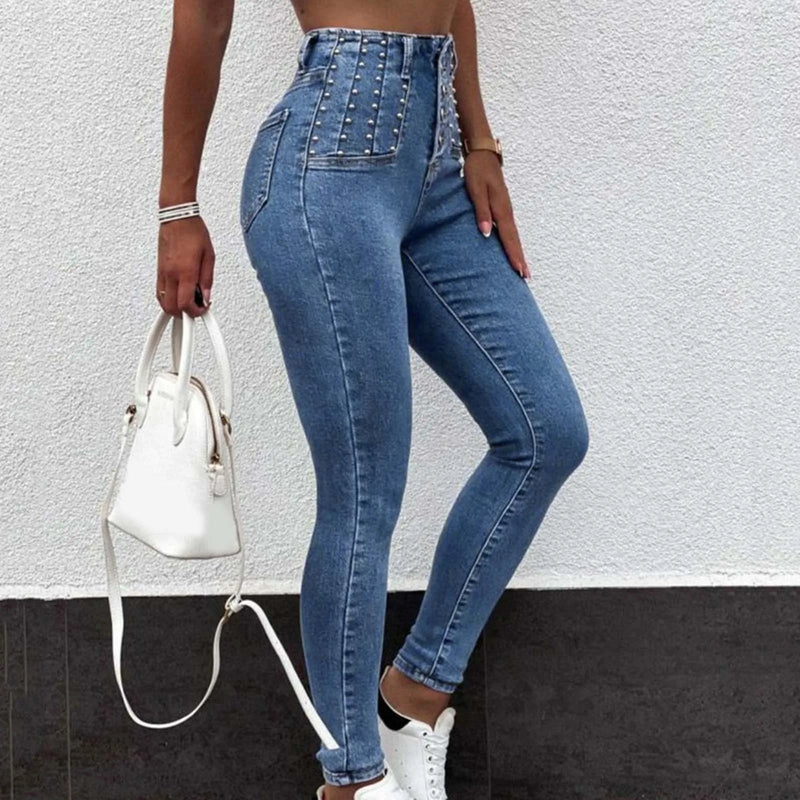 High-Waist Pearl Breasted Cargo Pants Skinny Jeans for Women-Skinny Jeans-Arimonz-Arimonz