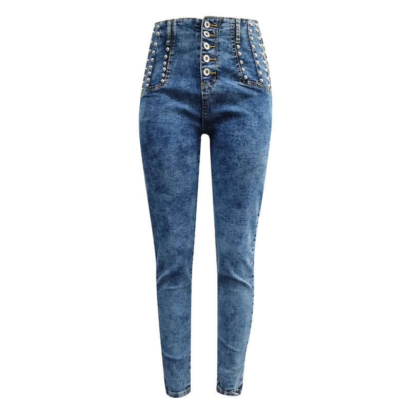High-Waist Pearl Breasted Cargo Pants Skinny Jeans for Women-Skinny Jeans-Arimonz-Arimonz