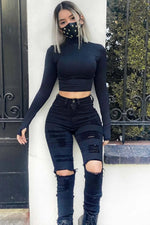 High-waisted Jeans Stretch Wash Ripped Breasted Denim Pencil Pants-Skinny Jeans-Arimonz-Arimonz