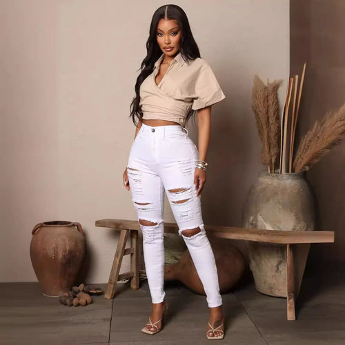 High-waisted Jeans Stretch Wash Ripped Breasted Denim Pencil Pants-Skinny Jeans-Arimonz-Arimonz