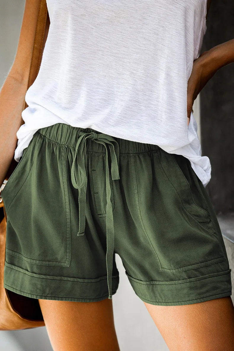High Waisted Lace Up Loose Twill Wide Leg Casual Shorts for Women-Shorts-Arimonz-army green-S-Arimonz
