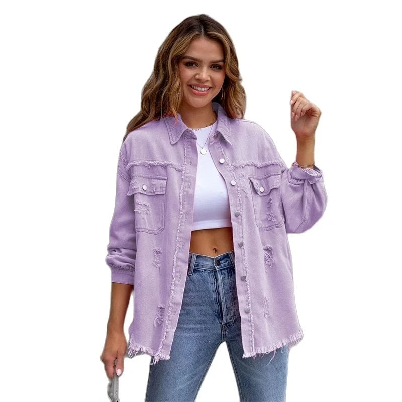 Holes Raw-edges Denim Jacket Women Casual Top Outerwear Jacket-Jean Jackets-Arimonz-Arimonz