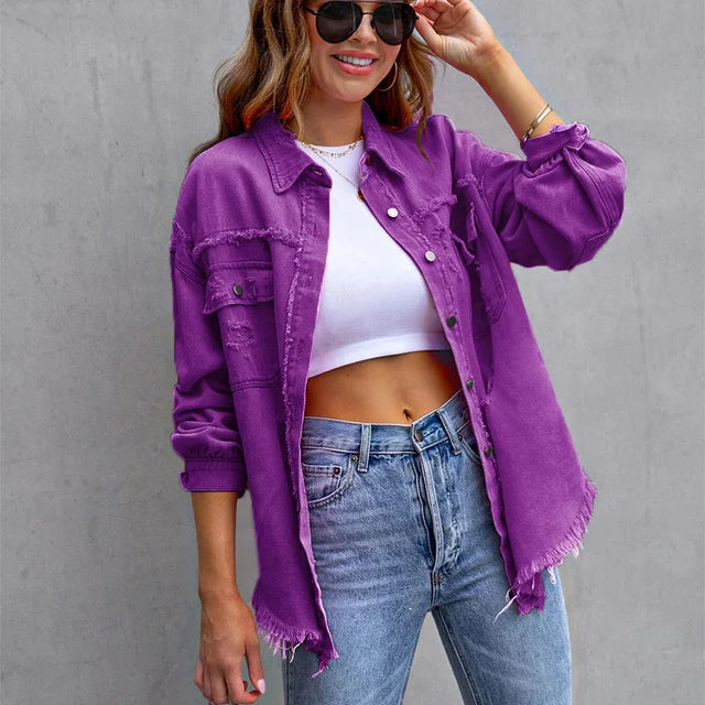 Holes Raw-edges Denim Jacket Women Casual Top Outerwear Jacket-Jean Jackets-Arimonz-Dark purple-S-Arimonz