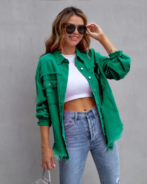 Holes Raw-edges Denim Jacket Women Casual Top Outerwear Jacket-Jean Jackets-Arimonz-Green-S-Arimonz
