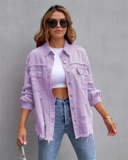 Holes Raw-edges Denim Jacket Women Casual Top Outerwear Jacket-Jean Jackets-Arimonz-Purple-S-Arimonz