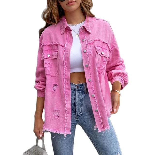 Holes Raw-edges Denim Jacket Women Casual Top Outerwear Jacket-Jean Jackets-Arimonz-Rose Red-S-Arimonz