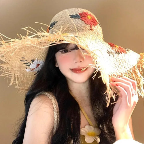 Hollow Raffia Hand Woven Straw Hat Embroidered Flowers Beach Hat-Summer Hats-Arimonz-Arimonz