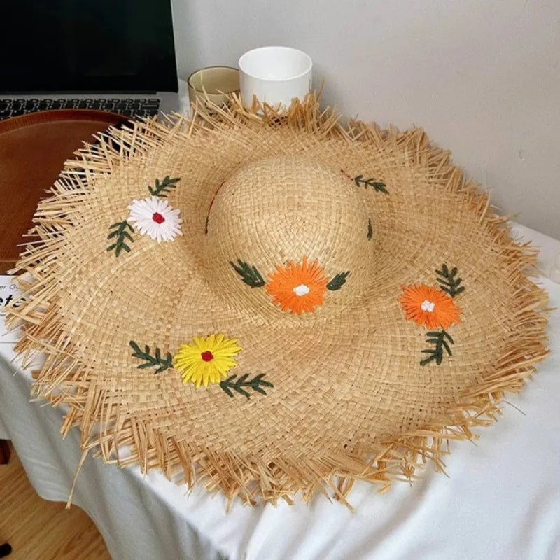 Hollow Raffia Hand Woven Straw Hat Embroidered Flowers Beach Hat-Summer Hats-Arimonz-Arimonz