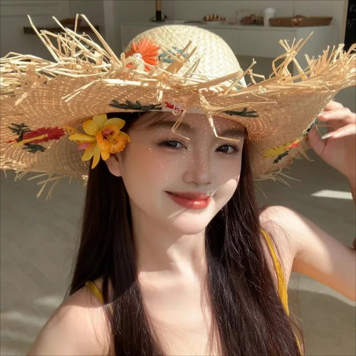 Hollow Raffia Hand Woven Straw Hat Embroidered Flowers Beach Hat-Summer Hats-Arimonz-Arimonz