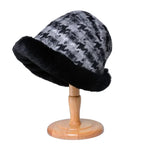 Houndstooth Winter Fur Women Bucket Hat Warm Windproof Cap-Bucket Hats-Arimonz-Arimonz
