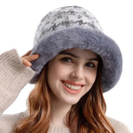 Houndstooth Winter Fur Women Bucket Hat Warm Windproof Cap-Bucket Hats-Arimonz-Arimonz