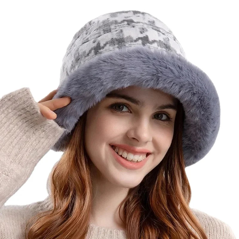 Houndstooth Winter Fur Women Bucket Hat Warm Windproof Cap-Bucket Hats-Arimonz-Arimonz
