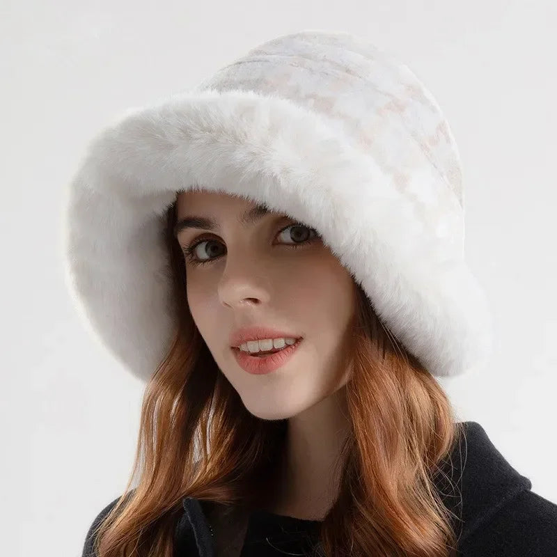 Houndstooth Winter Fur Women Bucket Hat Warm Windproof Cap-Bucket Hats-Arimonz-Beige B-Arimonz